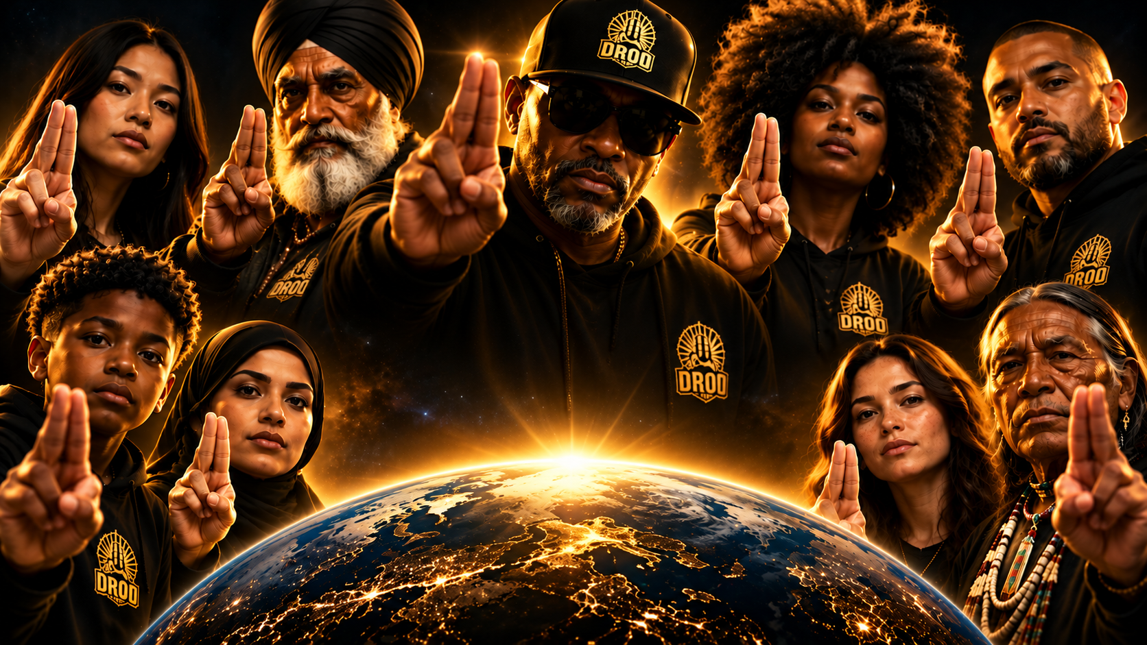 Diverse people of all backgrounds making the DROD two-finger gesture around an illuminated Earth